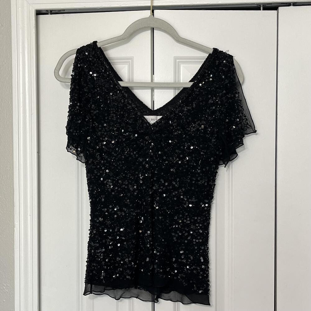 Papell Boutique Top Adrianna Papell Black Beaded Sequin Evening Chiffon Blouse